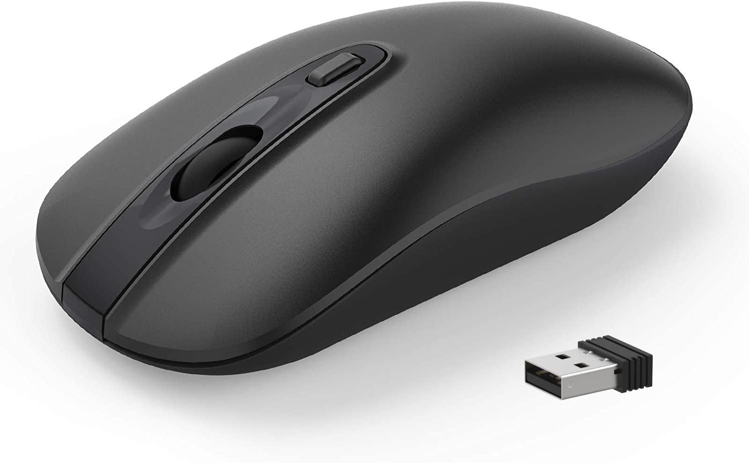 A computer with a wireless mouse.