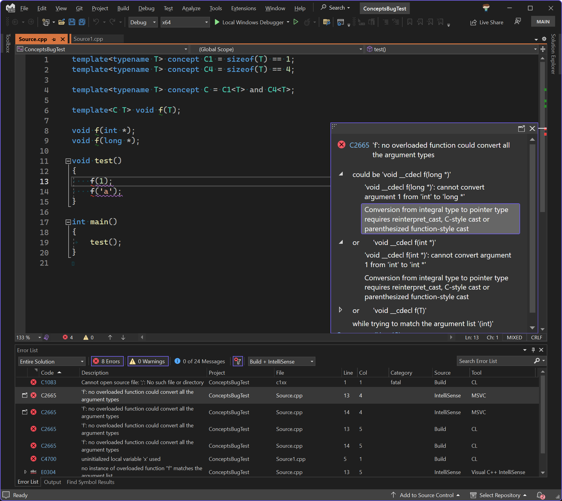 A screenshot of Visual Studio 2015 displaying an error message.