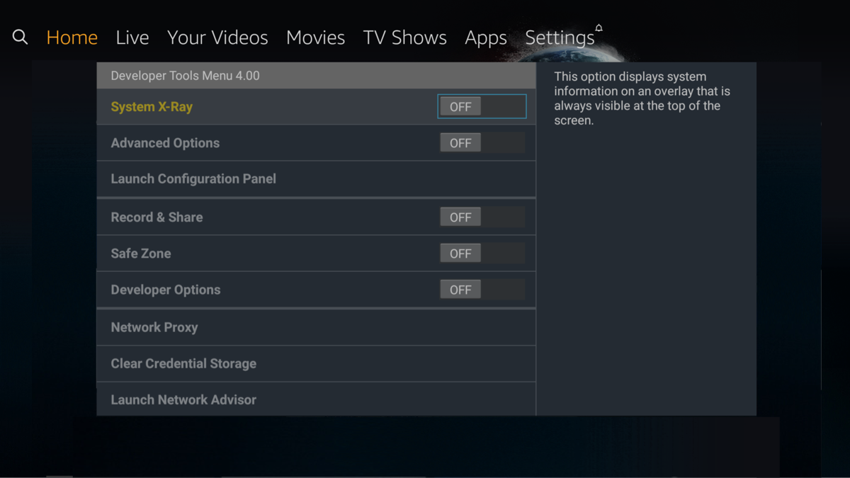 Amazon Fire TV settings menu