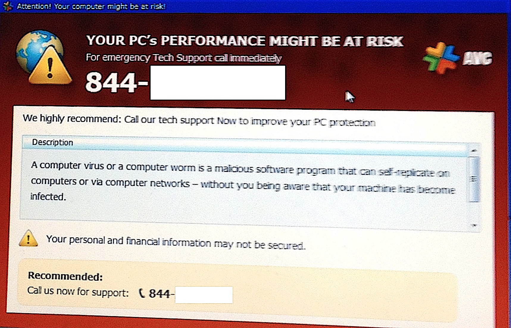 Computer screen displaying a virus warning message.