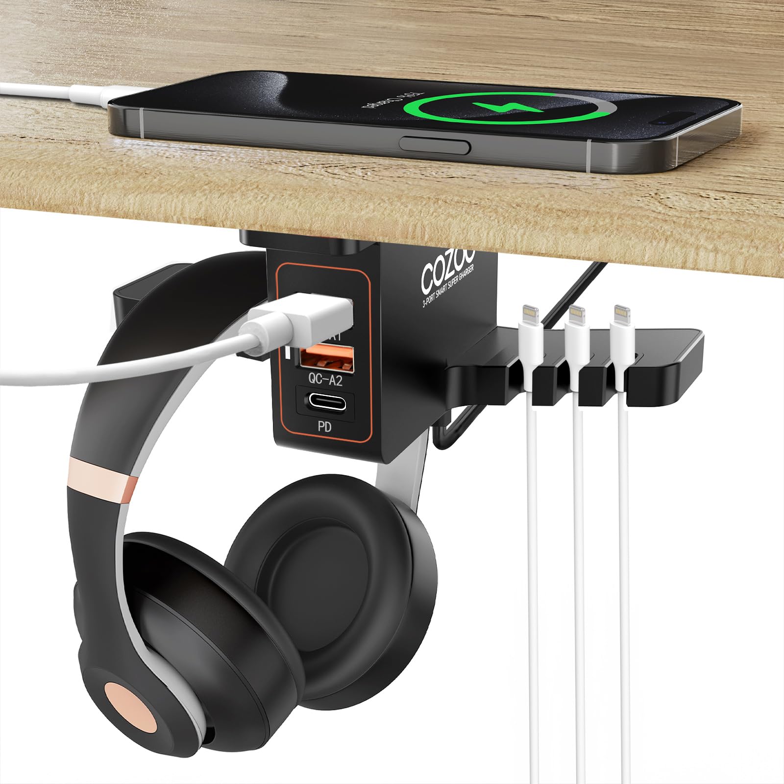 Headphones connected to a laptop or computer with a charging cable.