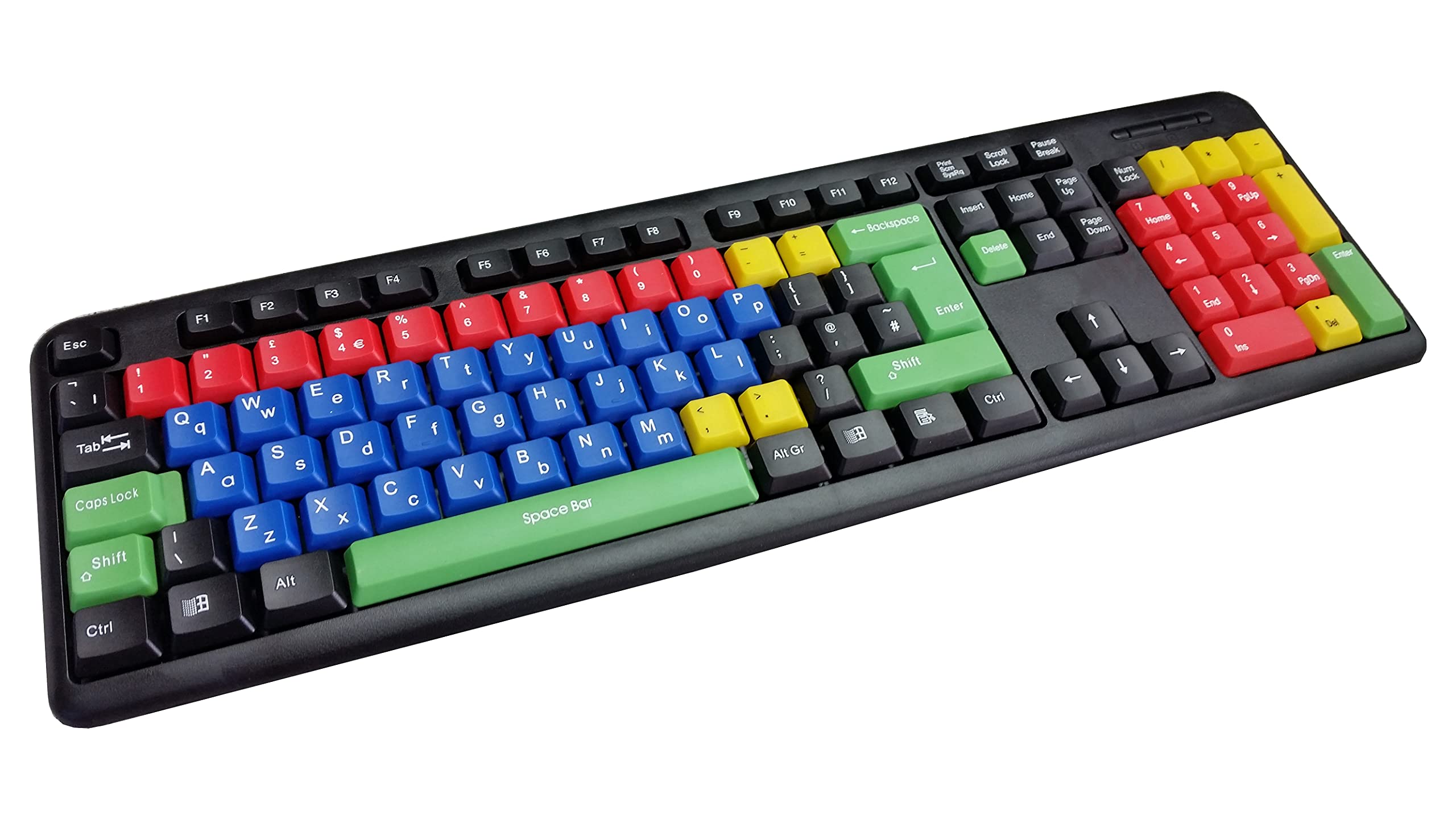 Keyboard with uppercase and lowercase letters.