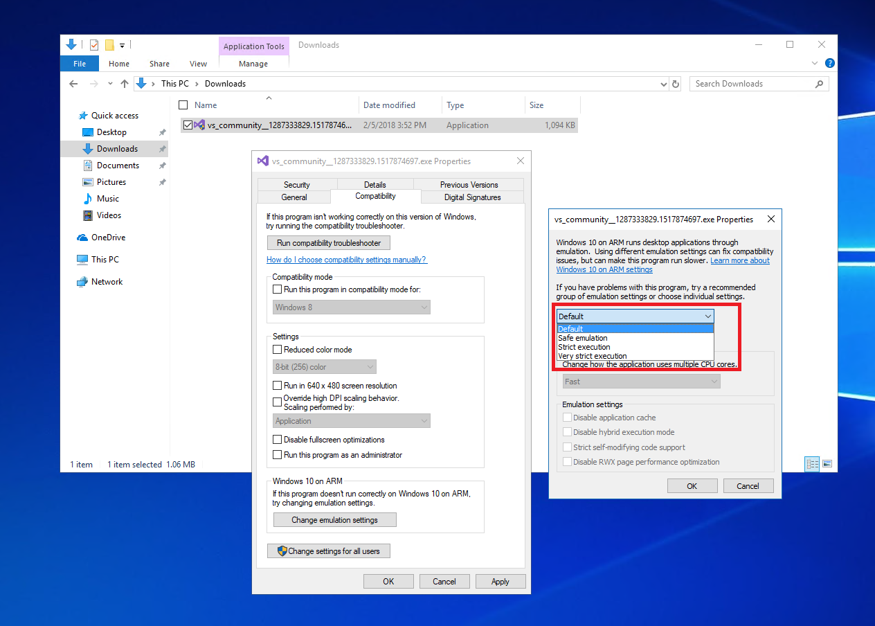 Microsoft Windows compatibility mode settings