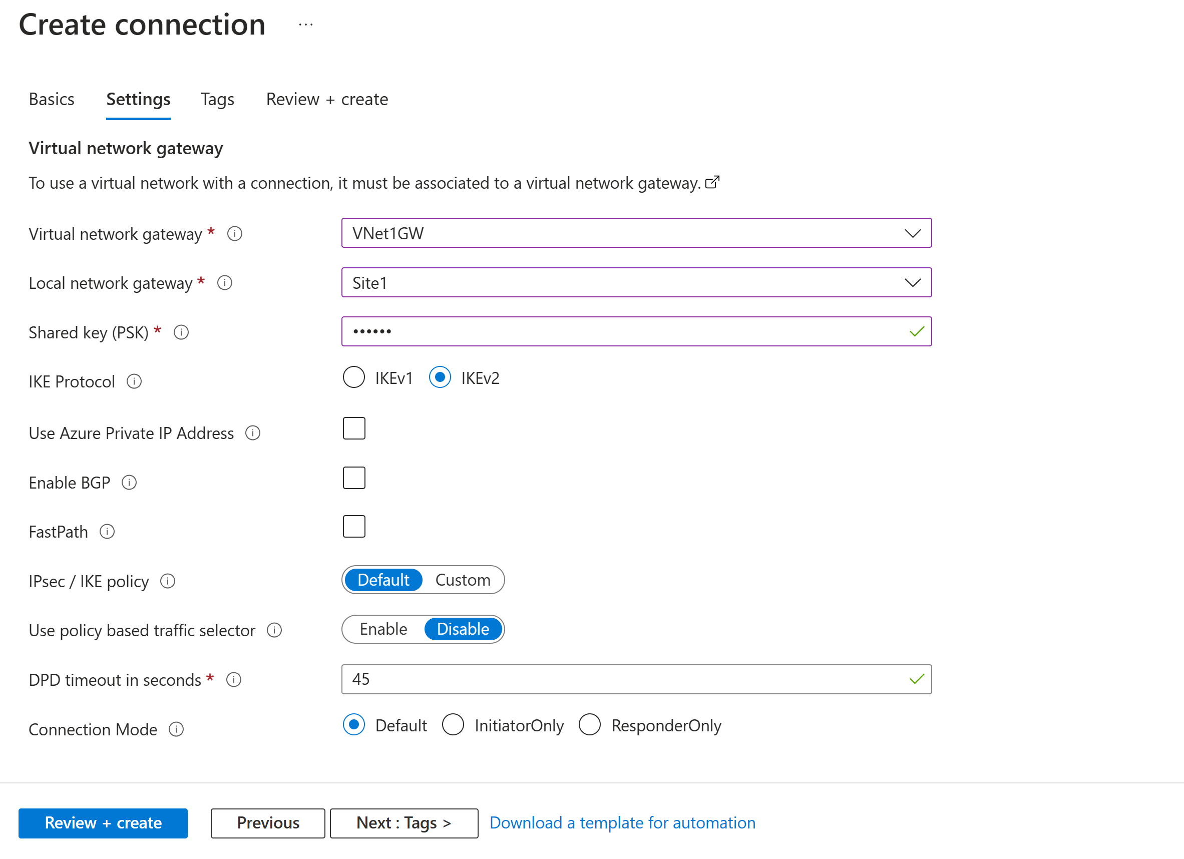 Network connection and JavaScript settings page
