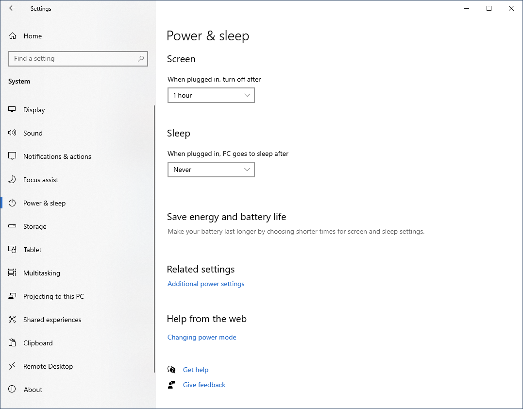 Power and Registry settings interface