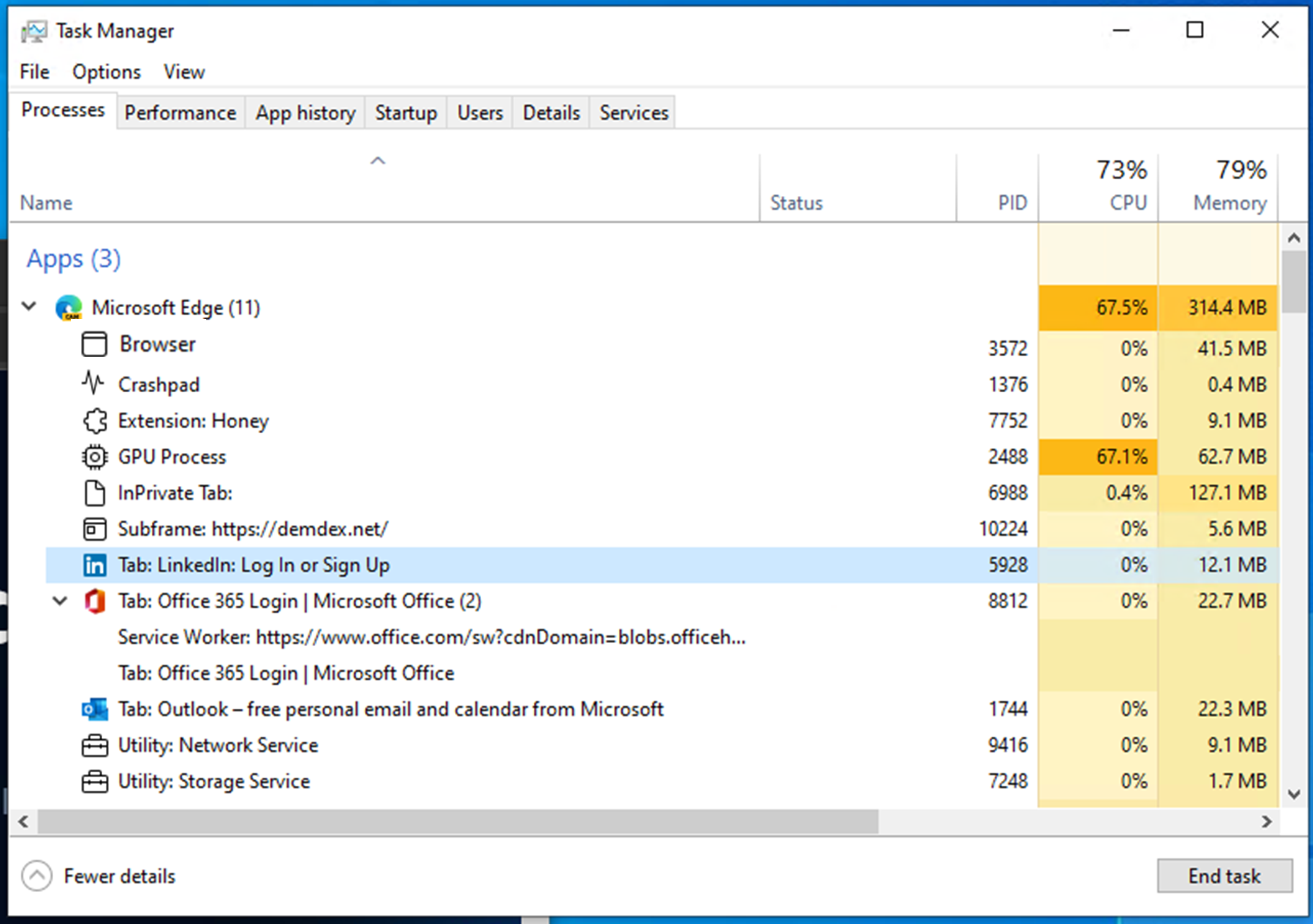 Press Ctrl+Shift+Esc to open Task Manager.
In the Processes tab, locate any instances of Outlook.exe and select them.