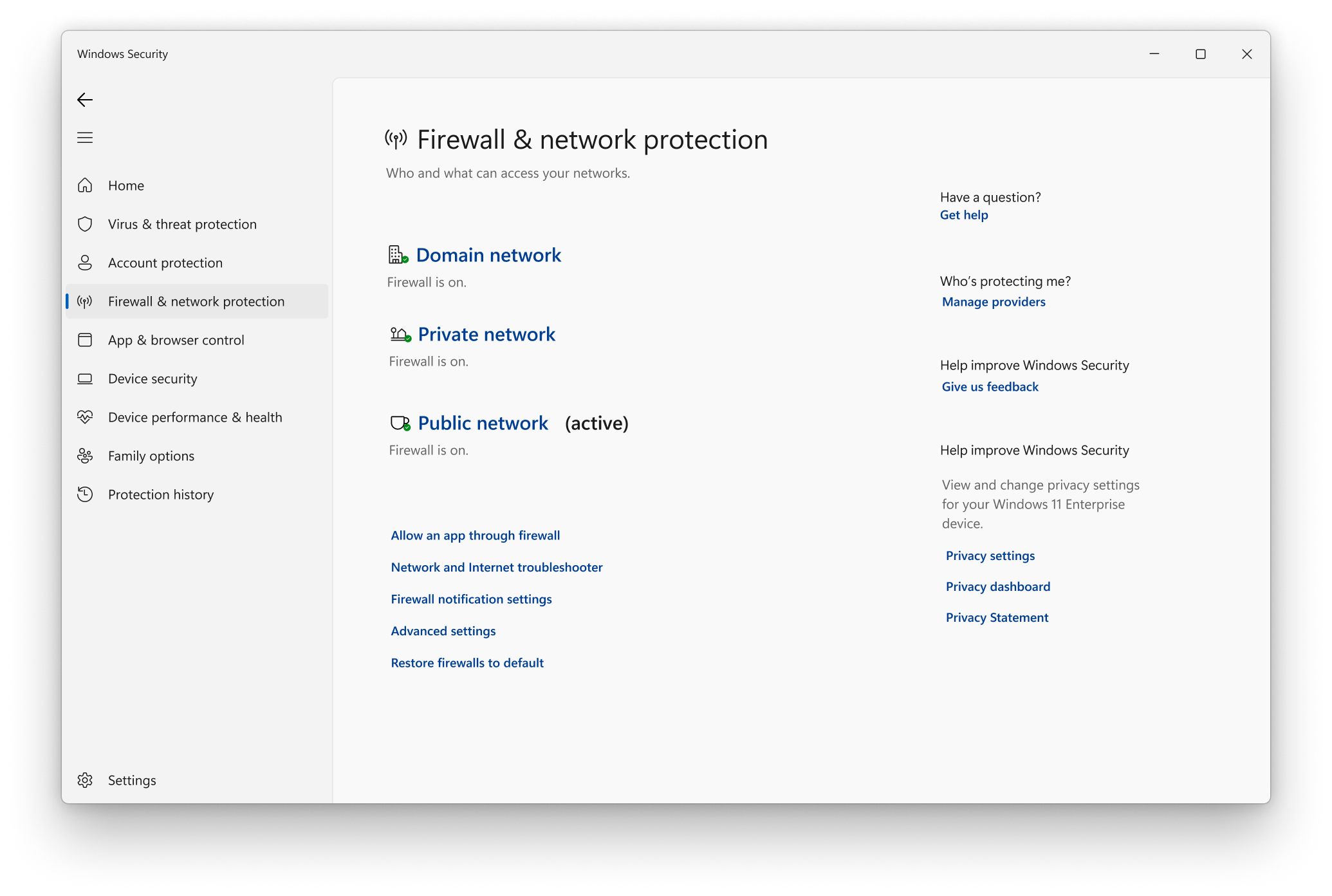 Security software and firewall settings interface