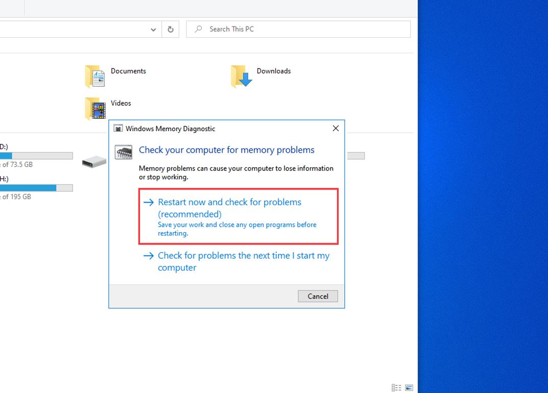 Select "Windows Memory Diagnostic" from the search results.
Click on "Restart now and check for problems (recommended)."