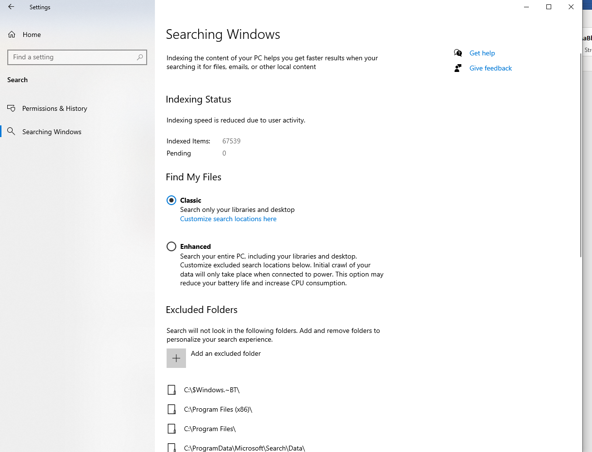 Windows search index settings