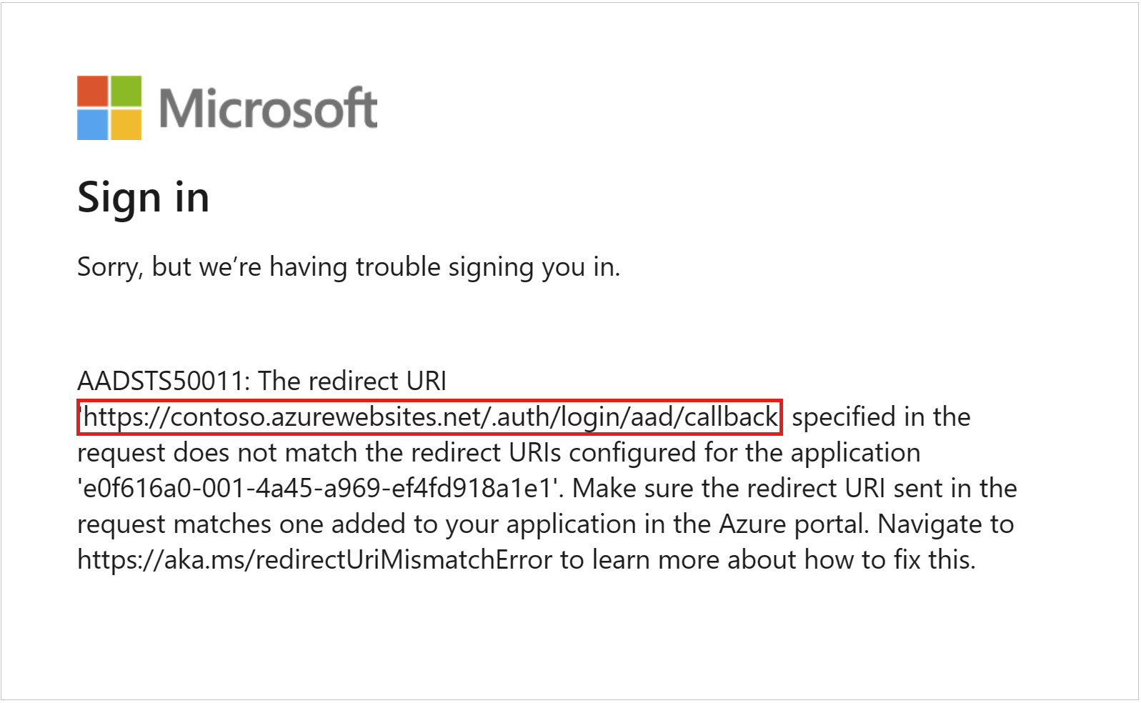 Error message on Microsoft login page