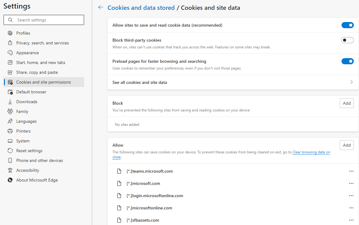 JavaScript and Site Permissions settings page